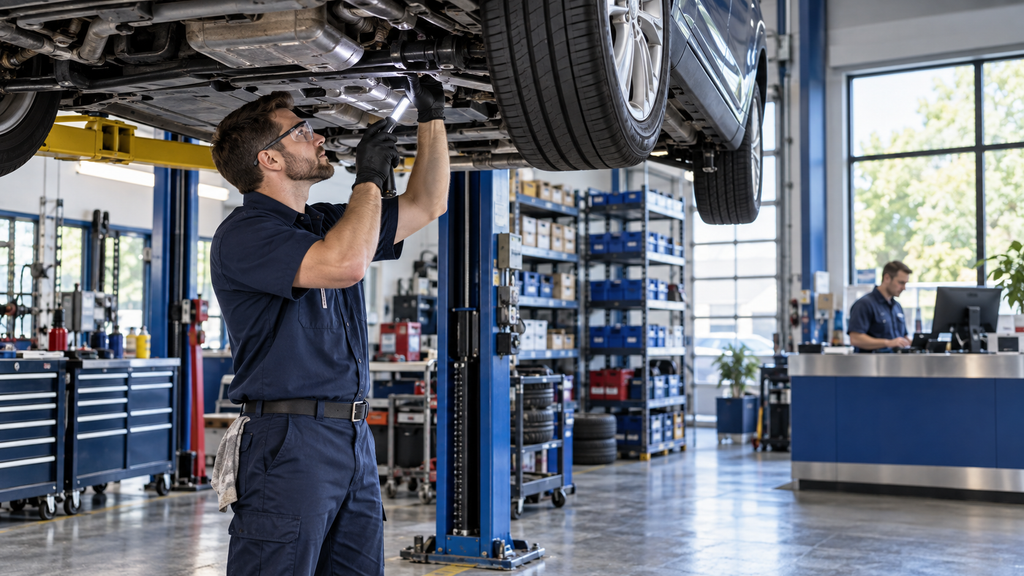 Technician working in an auto repair shop while the owner plans parts, payroll, and cash flow.