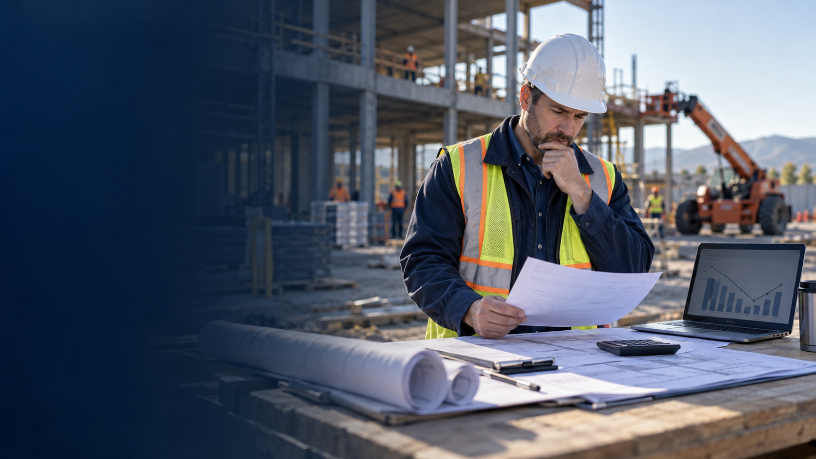 Construction company owner reviewing project costs and cash flow at an active jobsite