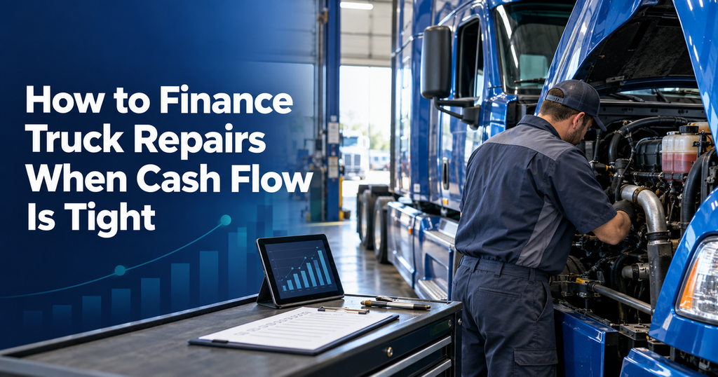 Mechanic repairing a commercial truck while the operator reviews cash-flow options