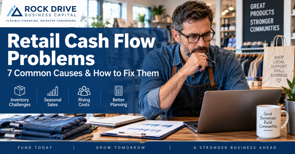 Retail business owner reviewing cash flow problems and inventory costs