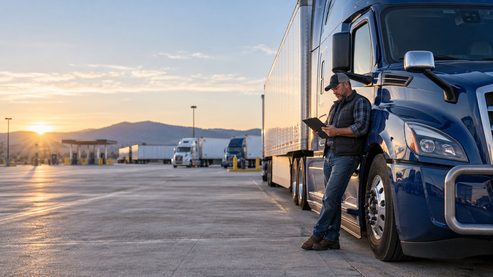 Owner-operator reviewing business finances beside a blue semi-truck at a truck stop